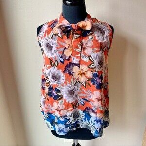 JOHNNY WAS Blouse Iliana Silk Floral Orange Sleeveless Top Neck Bow Tie Tropical
